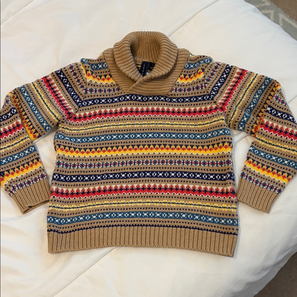Janie and Jack boys Shawl Collar Fair Isle Sweater in Tan and Multicolor